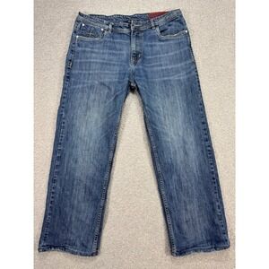 Y2K Rock Revival Jeans Men's 36 Blue Straight Fit Whiskered Embellished Pockets